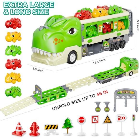 Dinosaur Truck Toys for 2 3 4 5 6 7 Year Boy Toddler, Foldable Track & 2 Player - Picture 5 of 7